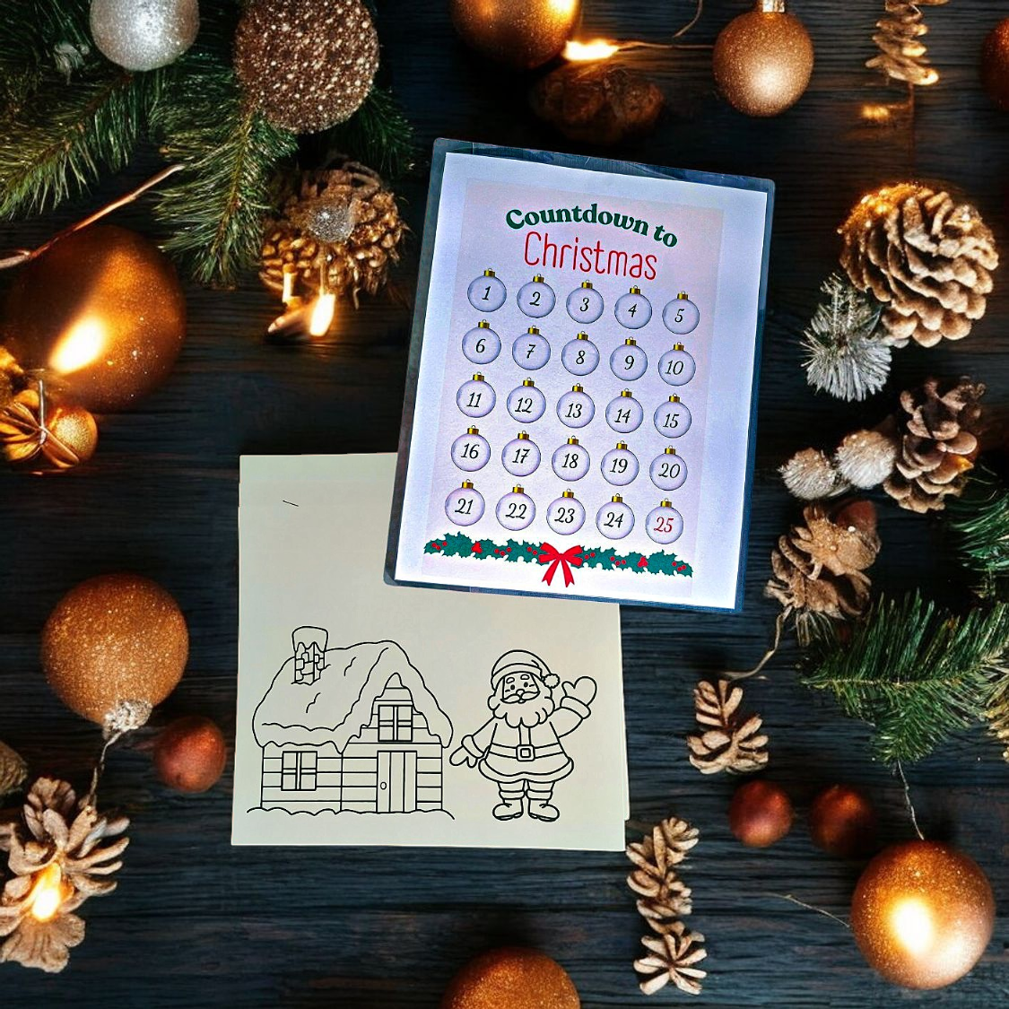 25-Day Christmas Countdown & Coloring Pages Bundle - Laminated, Reusable Holiday Countdown