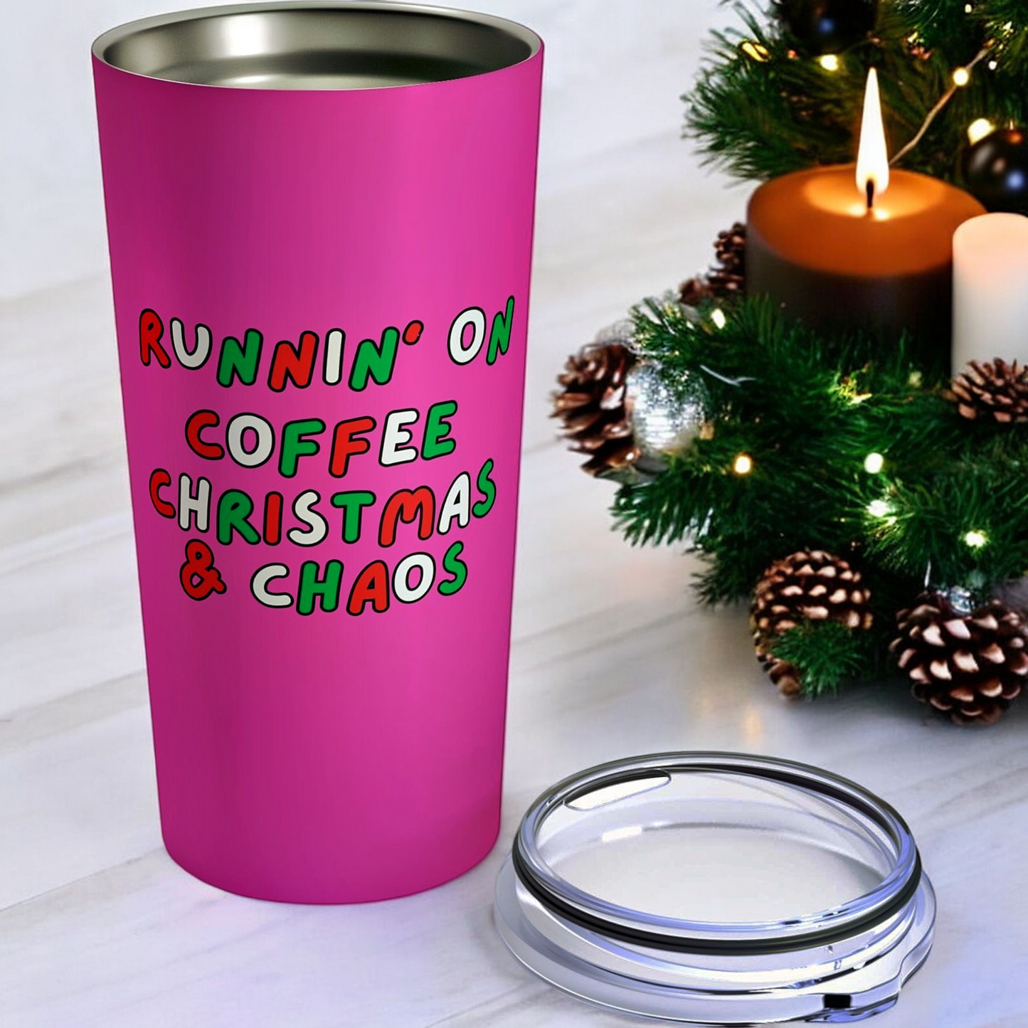 "Running on Coffee, Christmas & Chaos" Holiday Design | 20 oz Pink Insulated Tumbler -