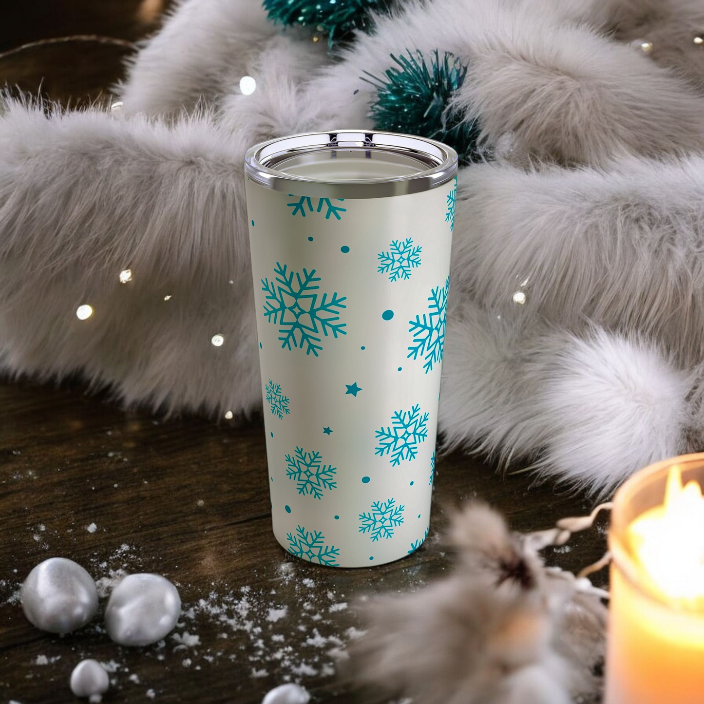 20oz Insulated Tumbler with Blue Snowflakes – Winter-Themed Travel Mug