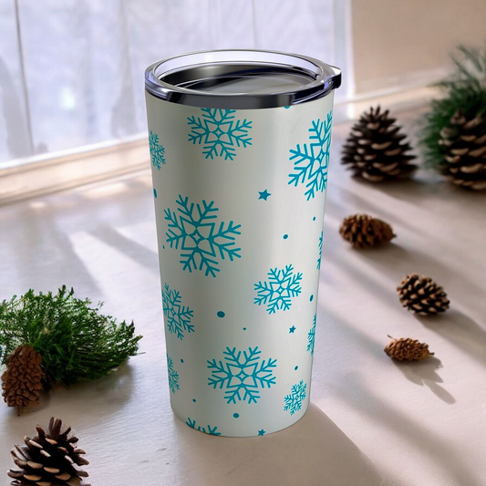 20oz Insulated Tumbler with Blue Snowflakes – Winter-Themed Travel Mug