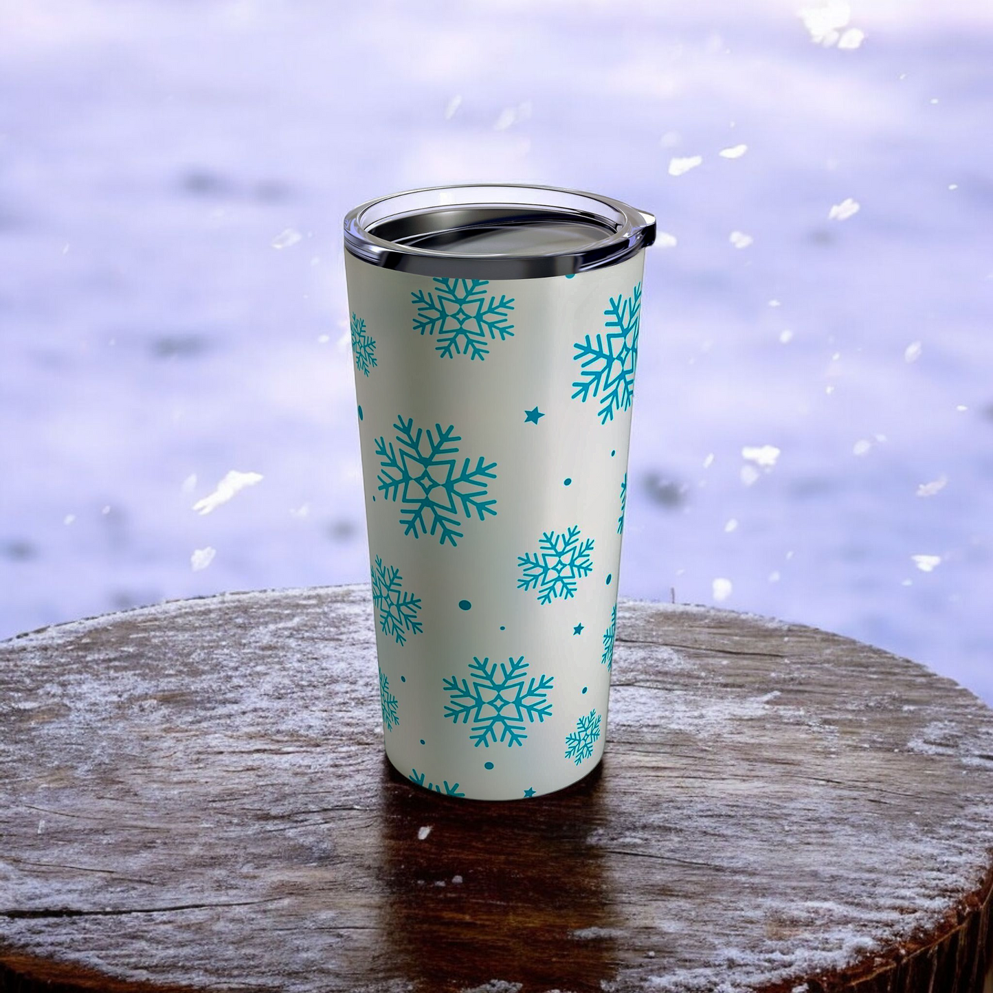 20oz Insulated Tumbler with Blue Snowflakes – Winter-Themed Travel Mug