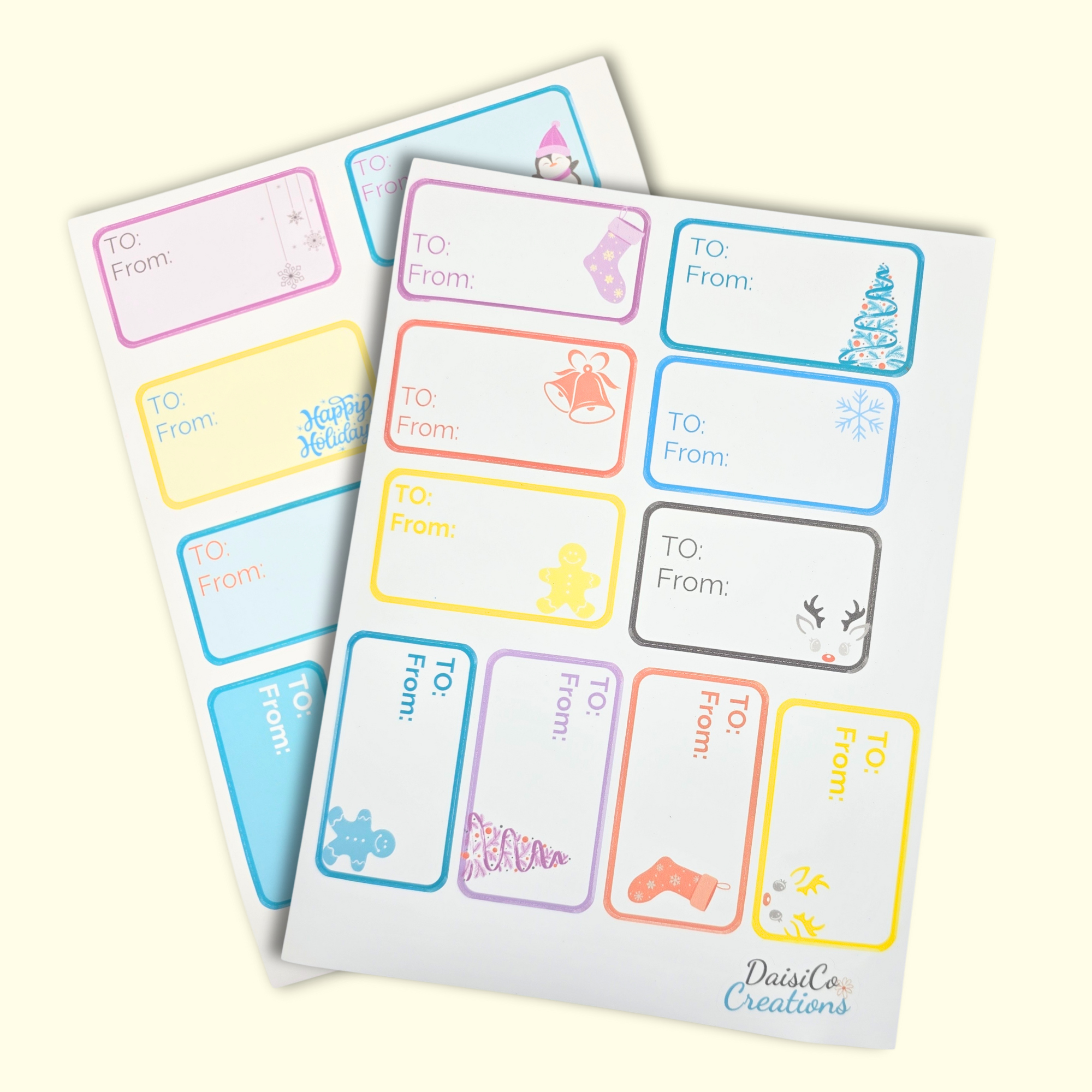 Two sheets of colorful gift tags with 'To' and 'From' fields on a white background.