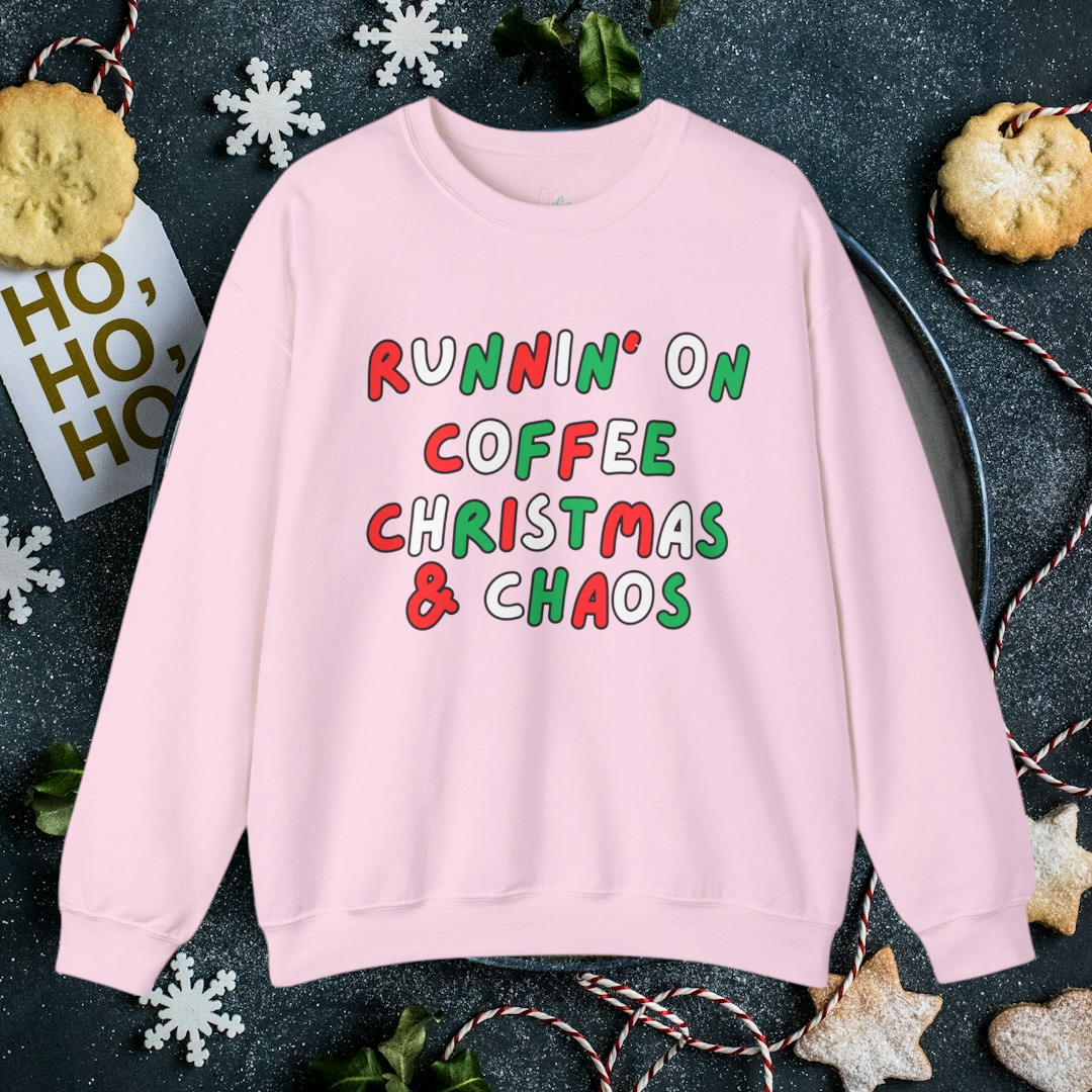 Running on Coffee, Christmas & Chaos Sweatshirt – Holiday Sweatshirt in Black, Light Pink, or Blue