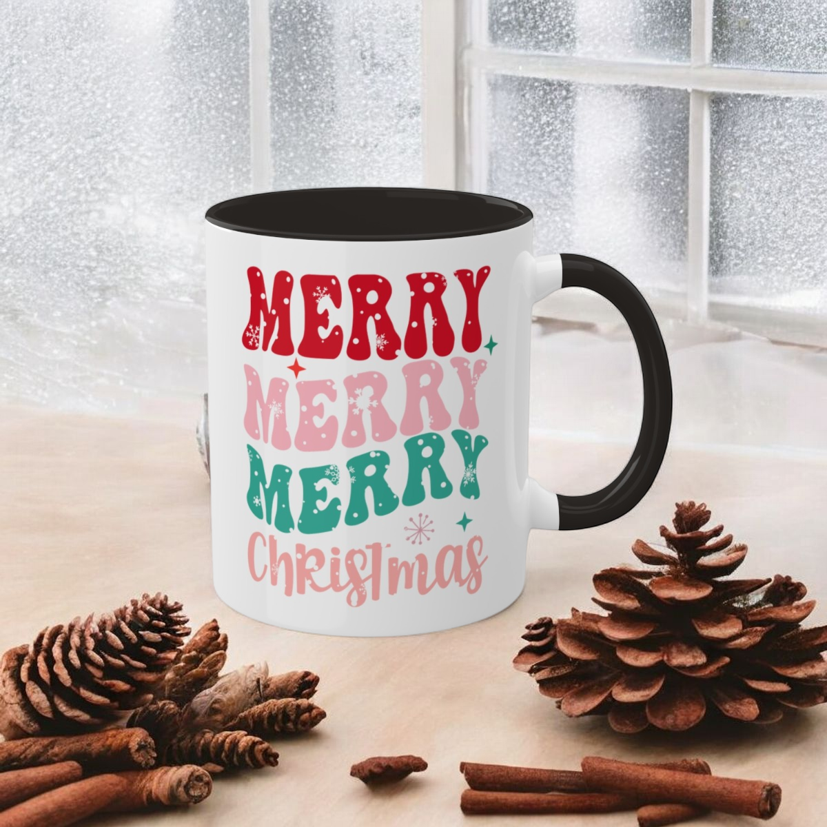 Merry Merry Merry Christmas Coffee Mug | Holiday Mug with Snowflake Letters | 11 oz Ceramic |