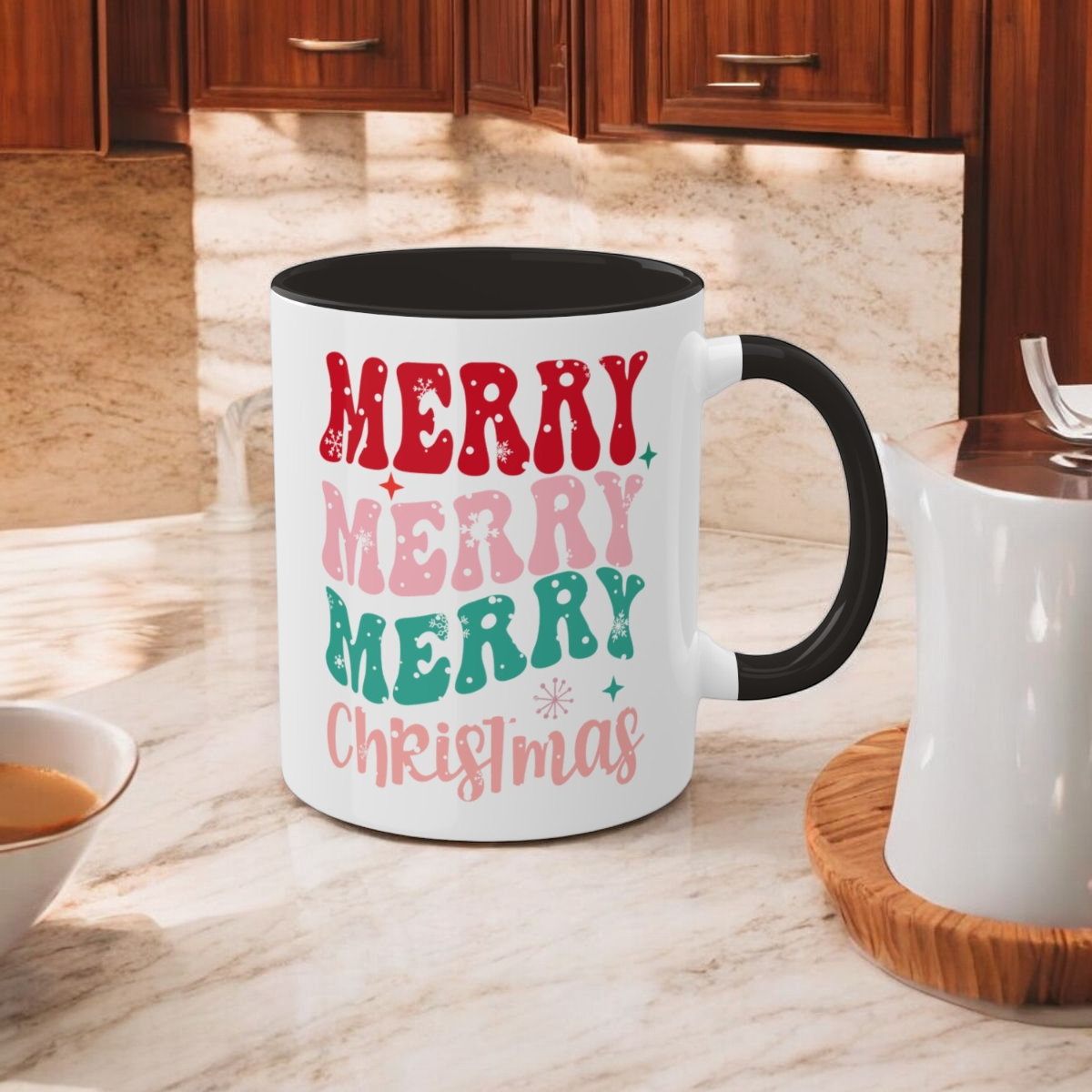 Merry Merry Merry Christmas Coffee Mug | Holiday Mug with Snowflake Letters | 11 oz Ceramic |