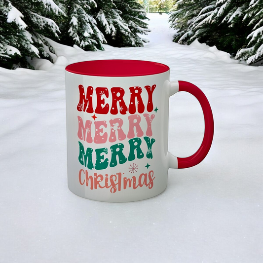 Merry Merry Merry Christmas Coffee Mug | Holiday Mug with Snowflake Letters | 11 oz Ceramic |