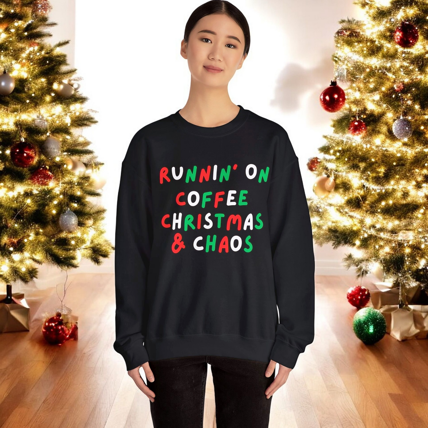 Running on Coffee, Christmas & Chaos Sweatshirt – Holiday Sweatshirt in Black, Light Pink, or Blue