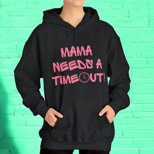 Mama Needs a Timeout Hoodie – Cozy & Sassy Pink Clock Graphic in Dark Heather, Black, or Purple