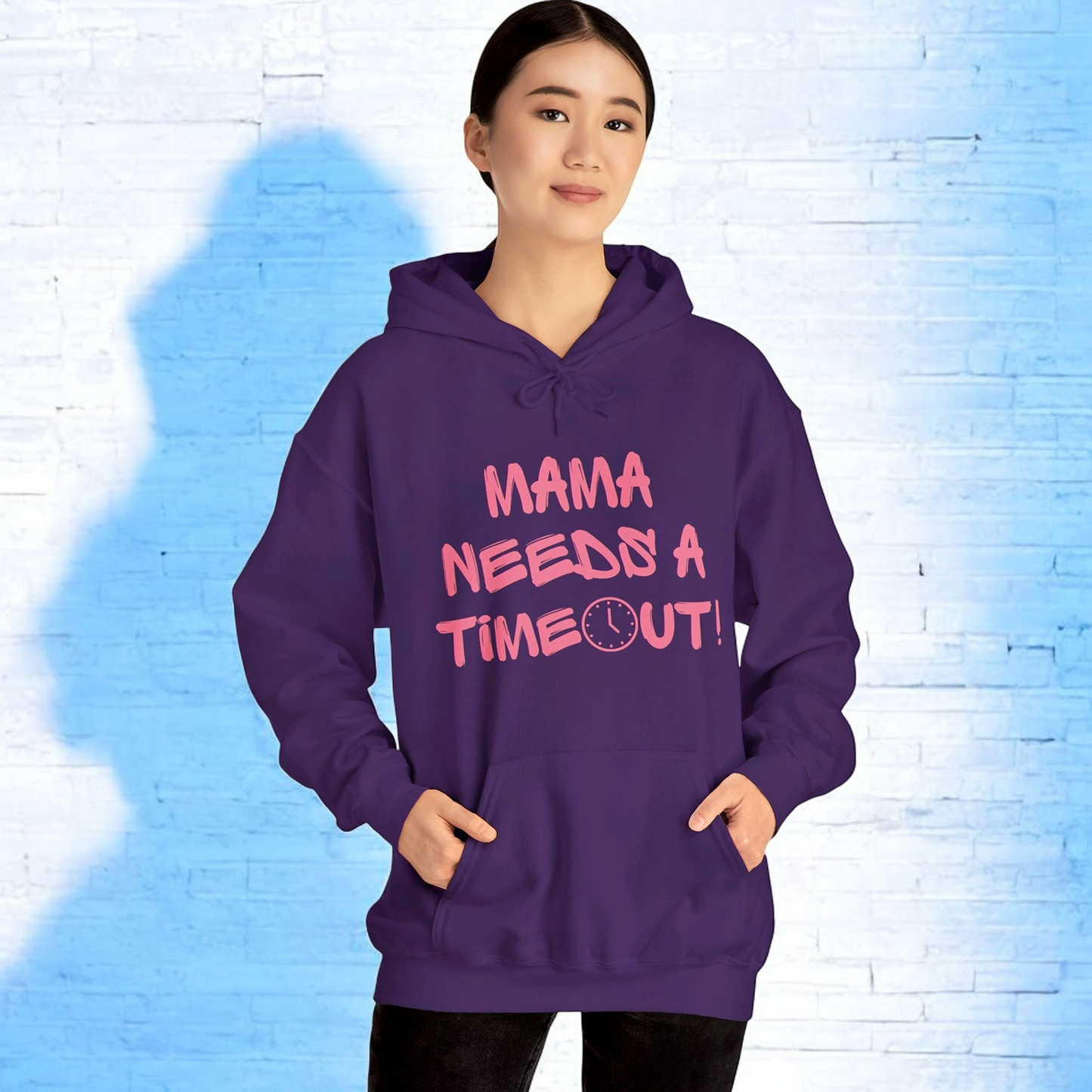 Mama Needs a Timeout Hoodie – Cozy & Sassy Pink Clock Graphic in Dark Heather, Black, or Purple