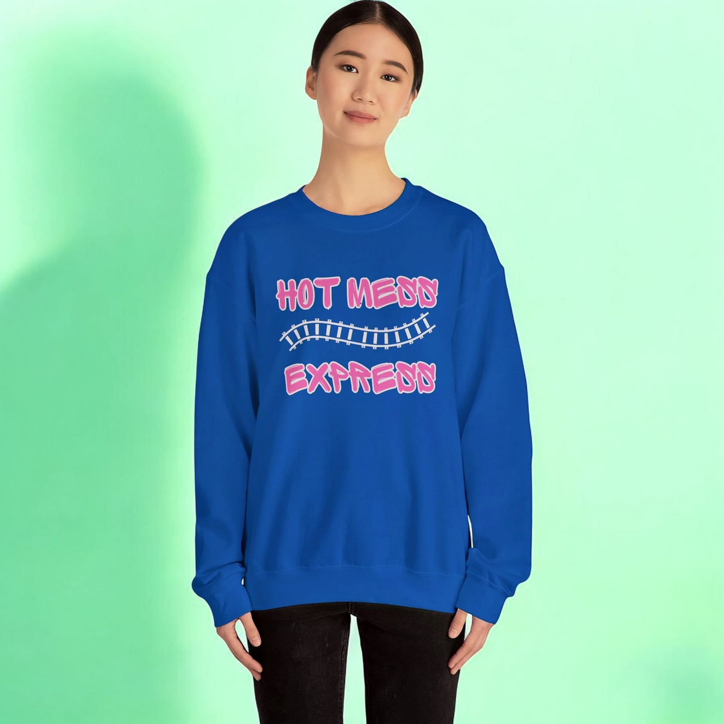 Hot Mess Express Sweatshirt – Bold Pink Letters with Chic Gray Outline in Dark Heather, Black, Maroon, or Royal