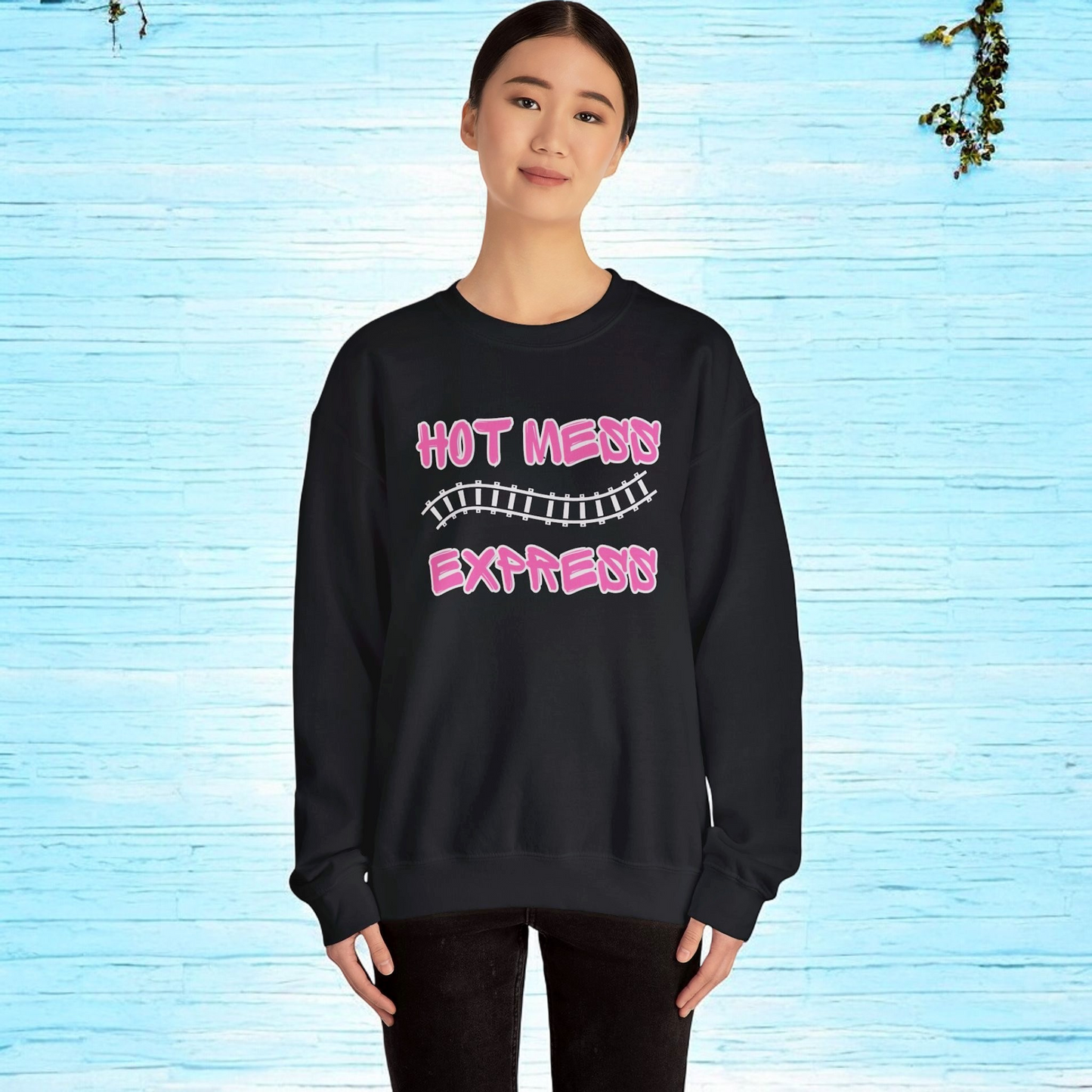 Hot Mess Express Sweatshirt – Bold Pink Letters with Chic Gray Outline in Dark Heather, Black, Maroon, or Royal