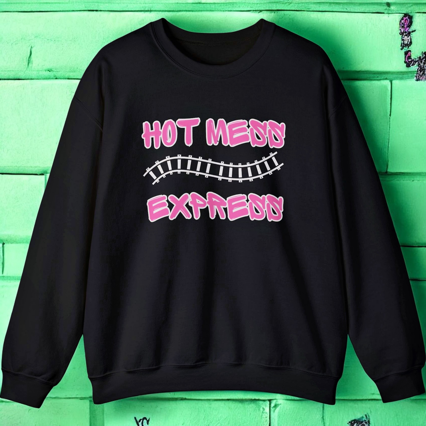 Hot Mess Express Sweatshirt – Bold Pink Letters with Chic Gray Outline in Dark Heather, Black, Maroon, or Royal