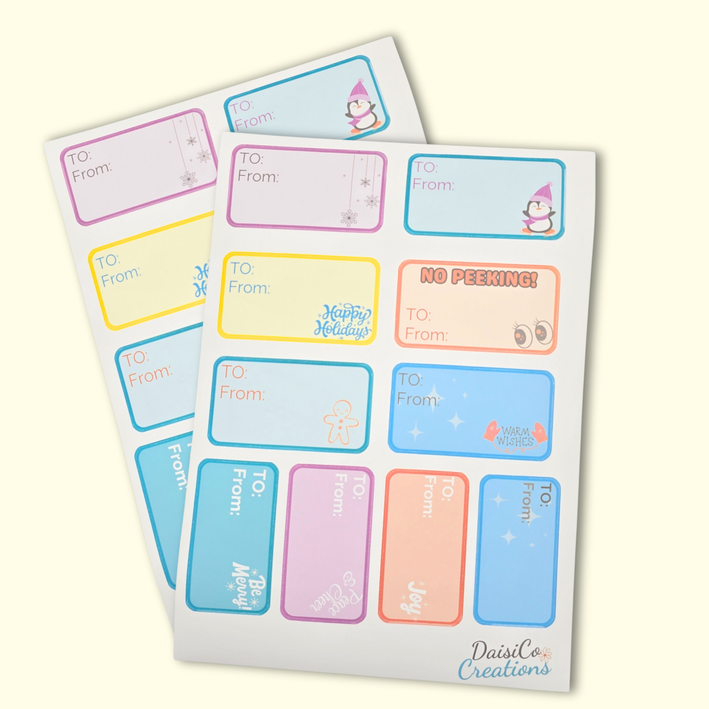 Sheet of colorful gift tags with 'To' and 'From' fields on a white background.