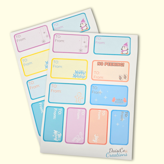 Sheet of colorful gift tags with 'To' and 'From' fields on a white background.