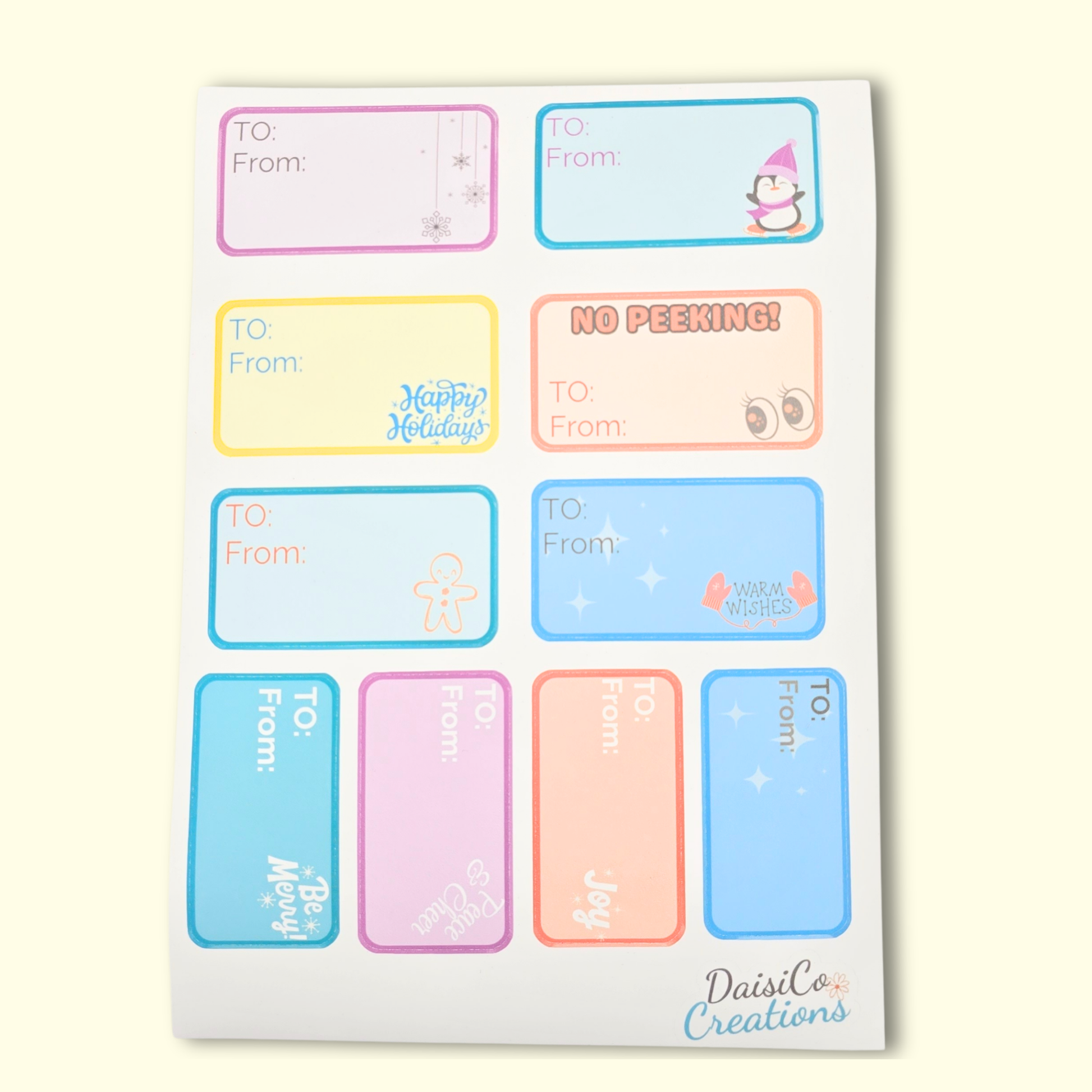 Set of colorful label stickers with various designs on a white background