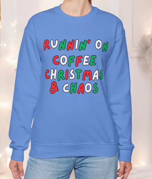 Running on Coffee, Christmas & Chaos Sweatshirt – Holiday Sweatshirt in Black, Light Pink, or Blue