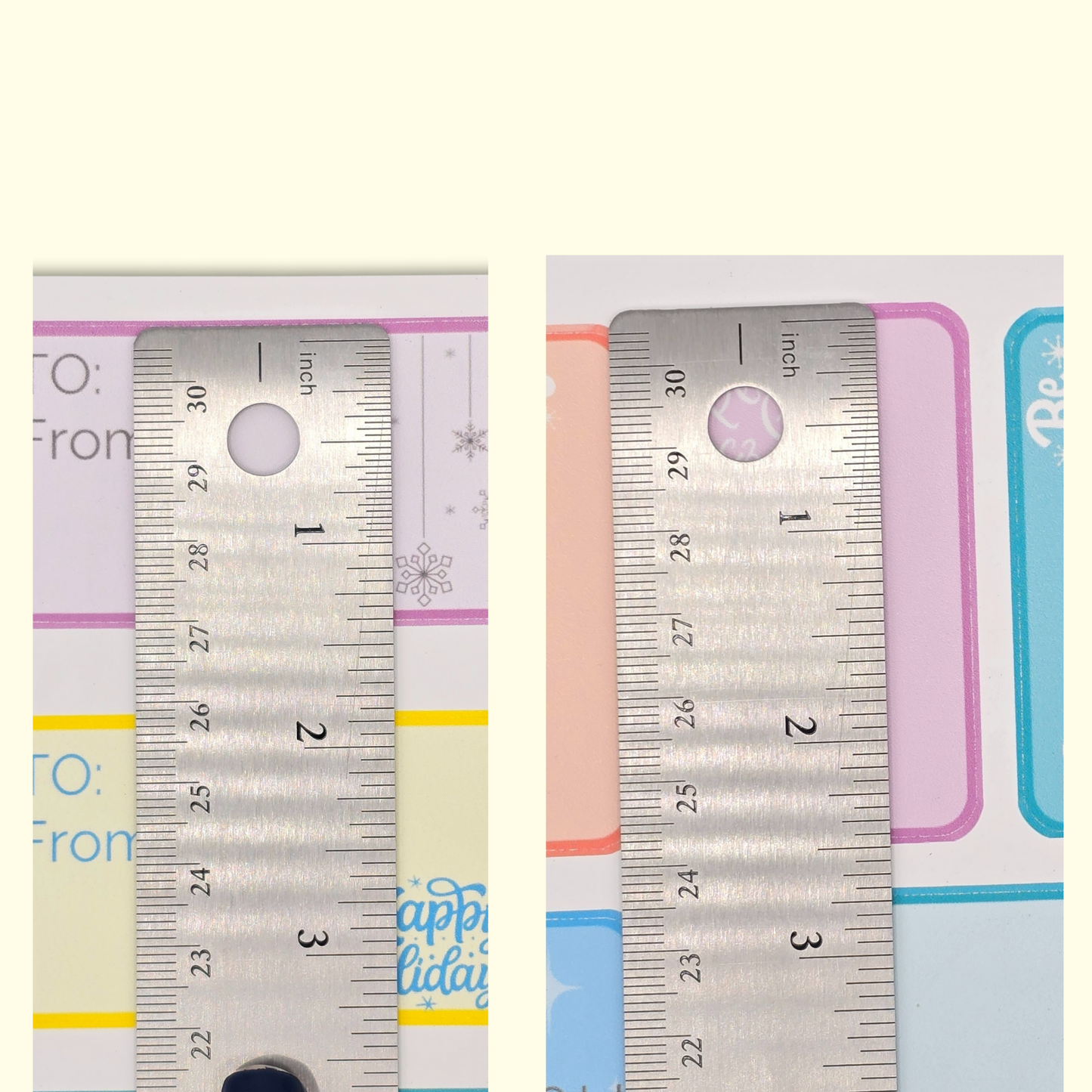 Two metal rulers on a colorful background with text and patterns. Showing each lable is 2" x 1" 