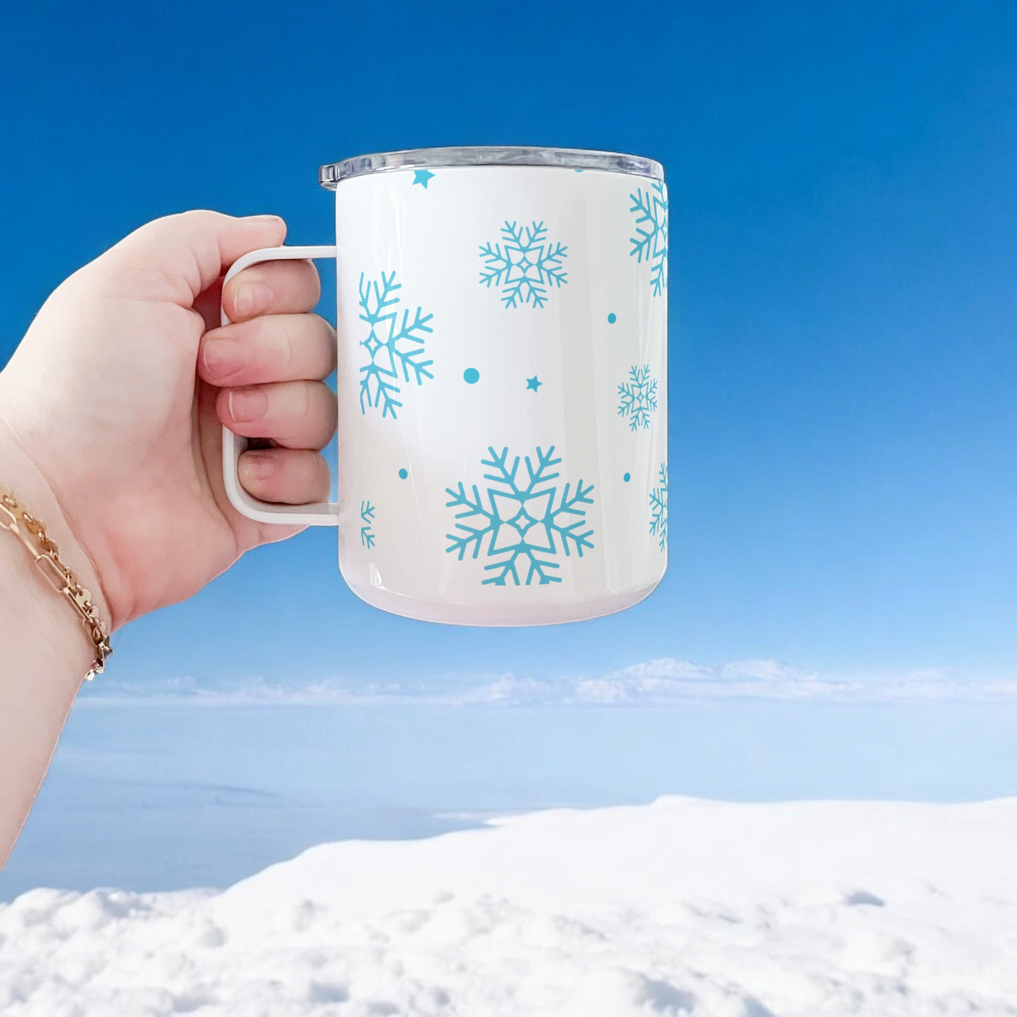 Blue Snowflake Winter Stainless Steel Coffee Mug-Double Wall Insulated